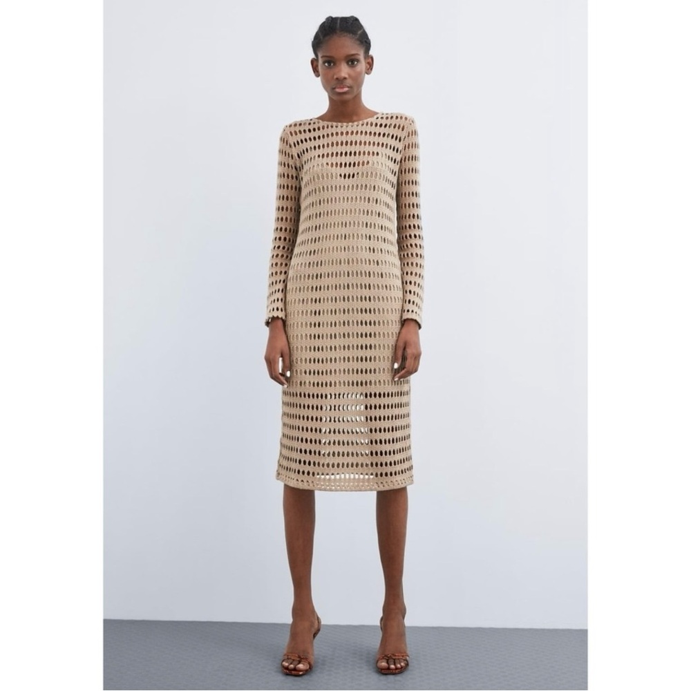 Zara Classic Open Knit Boho Crochet Lined Midi Length Dress in Tan Size Medium